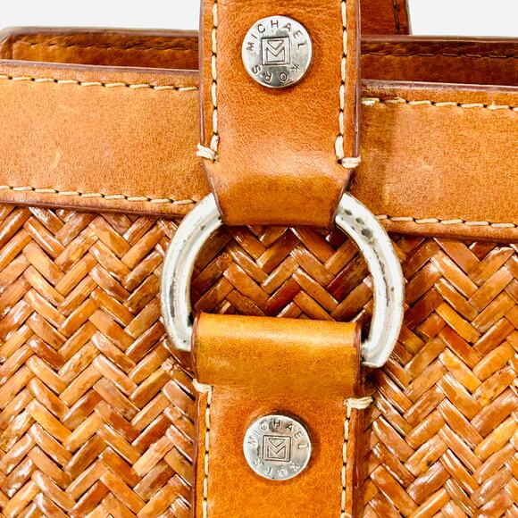 Michael Kors Tan Brown Woven Straw Leather Herringbone Tote Handbag - Picture 2 of 10